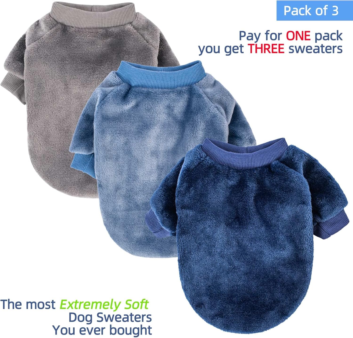 Dog Sweater, 3-Pack Dog & Cat Clothes, Ultra Soft and Warm Pet Jackets XXS XS for Small Dogs Boy & Girl, Winter Pet Apparel Costumes, Puppy Outfits (Grey,Blue,Dark Blue, Small)