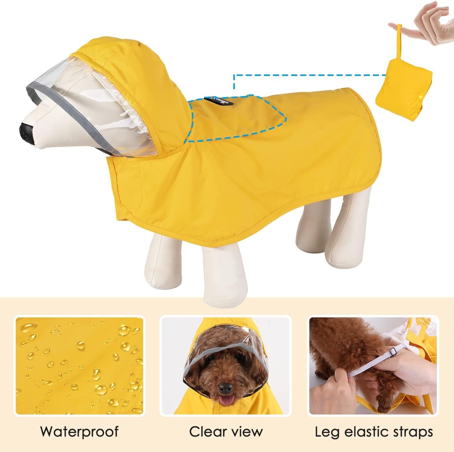 Dog Raincoat, Adjustable Dog Rain Jacket with Clear Hooded Double Layer for Large Medium Small Dogs Puppies, Waterproof Rain Coat Poncho with Reflective Storage Pocket & Rim (Yellow,M)